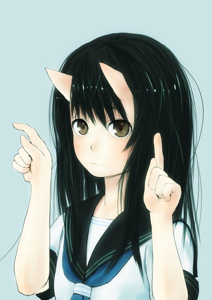 Anime picture 849x1200 with original ebi (ebimomo) single long hair tall image looking at viewer blush black hair simple background brown eyes horn (horns) portrait blue background oni horns pointing girl uniform serafuku