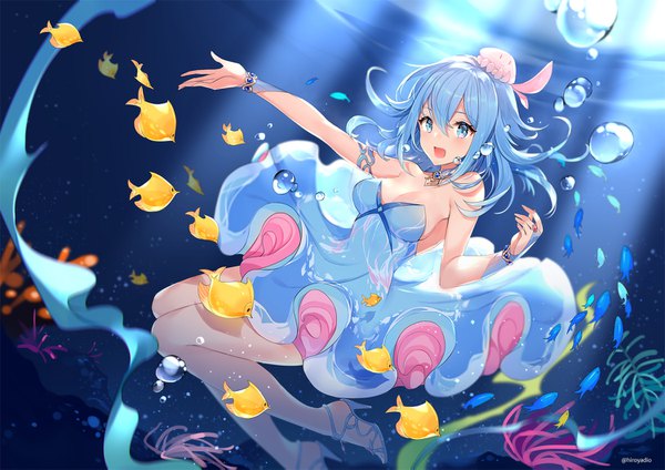 Anime picture 1500x1061 with vocaloid synthesizer v haiyi catsizuru single long hair looking at viewer blush fringe breasts open mouth blue eyes hair between eyes blue hair cleavage :d high heels sideboob outstretched arm underwater