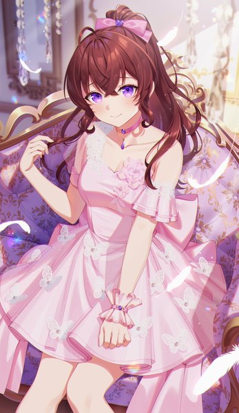Anime picture 1703x2944 with original bshi edayo single long hair tall image looking at viewer blush fringe highres smile hair between eyes brown hair purple eyes bare shoulders ponytail indoors arm up from above holding hair girl