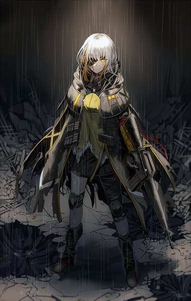 Anime picture 650x1024 with girls frontline m16a1 (girls frontline) m16a1 (girls frontline) (boss) silence girl single long hair tall image looking at viewer fringe standing holding yellow eyes full body white hair pleated skirt torn clothes light scar rain destruction