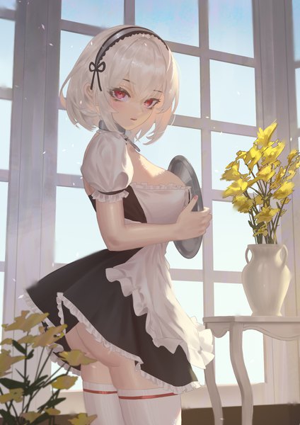Anime picture 2894x4093 with azur lane sirius (azur lane) cirilla single tall image looking at viewer blush fringe highres short hair breasts open mouth light erotic hair between eyes red eyes large breasts standing holding payot sky