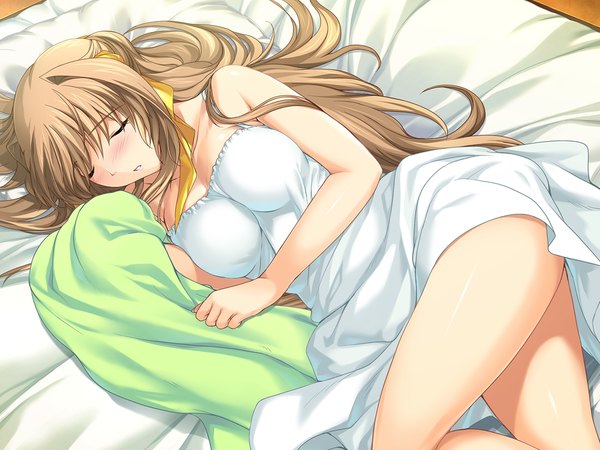 Anime picture 1024x768 with choukou sennin haruka kouenji sayuka single long hair blush light erotic brown hair game cg lying eyes closed girl dress sundress