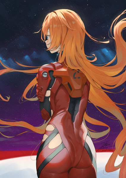 Anime picture 1061x1500 with neon genesis evangelion rebuild of evangelion evangelion: 3.0+1.0 thrice upon a time gainax soryu asuka langley shikinami asuka langley fadingz single long hair tall image blush fringe blue eyes light erotic standing signed looking away outdoors ass from behind