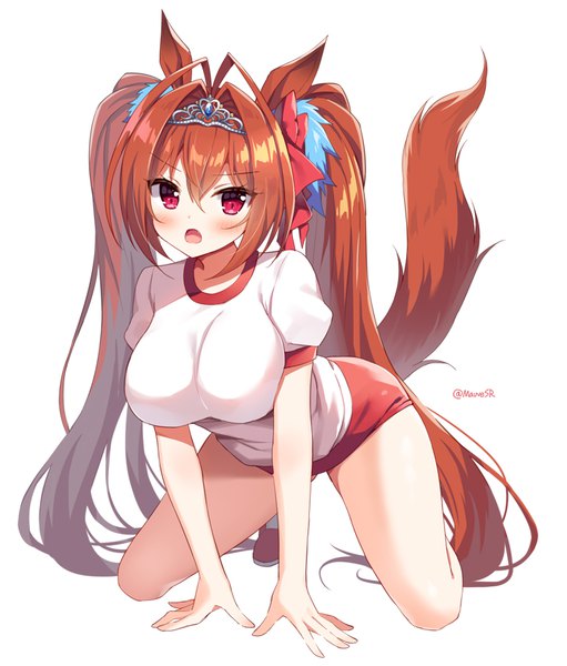 Anime picture 720x845 with umamusume daiwa scarlet (umamusume) mauve single tall image looking at viewer blush fringe breasts open mouth light erotic simple background hair between eyes red eyes brown hair large breasts white background twintails signed animal ears