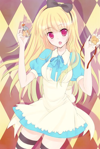Anime picture 1378x2039 with alice in wonderland alice (wonderland) hotate single long hair tall image looking at viewer open mouth blonde hair purple eyes girl thighhighs hair ornament bow hair bow striped thighhighs