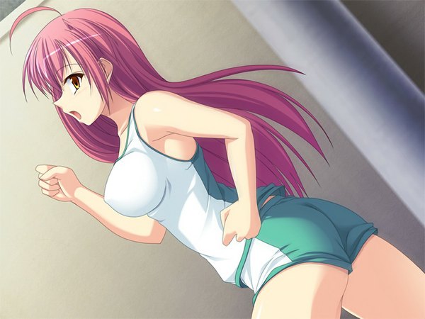 Anime picture 1024x768 with hsk (game) long hair light erotic yellow eyes pink hair game cg girl uniform gym uniform