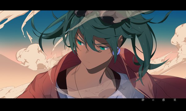 Anime picture 1511x900 with vocaloid suna no wakusei (vocaloid) hatsune miku ryokucha (i cobalt) single fringe short hair hair between eyes wide image twintails looking away upper body copyright name short twintails letterboxed sunglasses on head serious girl earrings sunglasses