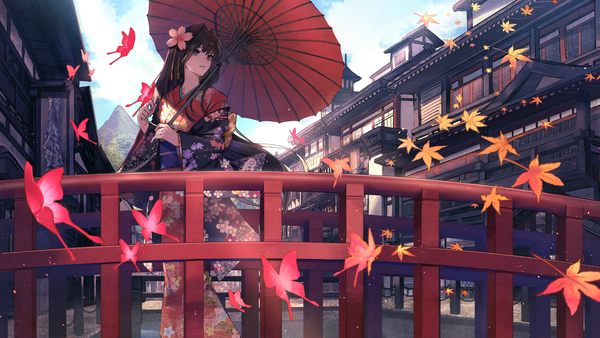 Anime picture 2560x1440 with original eisuto single long hair fringe highres black hair wide image standing purple eyes holding looking away sky cloud (clouds) outdoors traditional clothes parted lips japanese clothes hair flower mountain