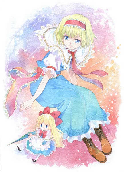Anime picture 600x831 with touhou alice margatroid shanghai agahari single long hair tall image short hair blue eyes blonde hair smile sitting looking away traditional media watercolor (medium) girl dress bow hair bow boots