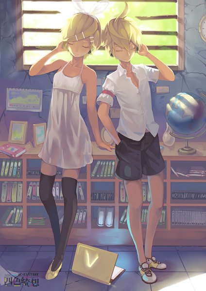 Anime picture 827x1169 with vocaloid kagamine rin kagamine len madyy tall image short hair blonde hair smile eyes closed hand in pocket twins girl thighhighs dress boy hair ornament bow black thighhighs hair bow shorts