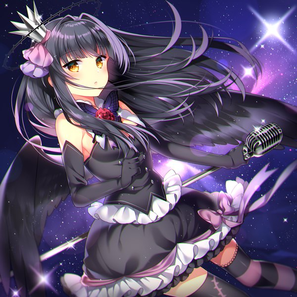 Anime picture 1300x1300 with original kurisu sai single long hair looking at viewer blush black hair bare shoulders holding yellow eyes dutch angle black wings frilly skirt space double buttons different thighhighs girl thighhighs dress gloves
