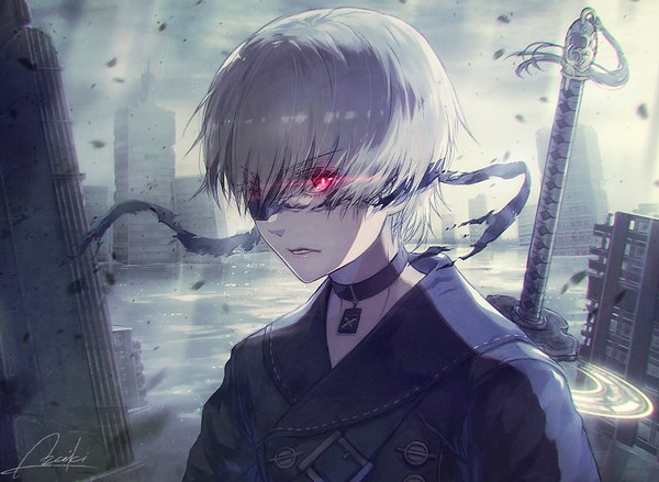 Anime picture 1229x900 with nier nier:automata yorha no. 9 type s lira mist single looking at viewer fringe short hair hair between eyes red eyes signed silver hair upper body glowing glowing eye (eyes) boy weapon sword choker katana