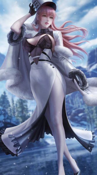Anime picture 3900x7000 with azur lane volga (azur lane) wickellia single long hair tall image fringe highres breasts light erotic hair between eyes large breasts standing brown eyes signed looking away pink hair absurdres cloud (clouds) outdoors