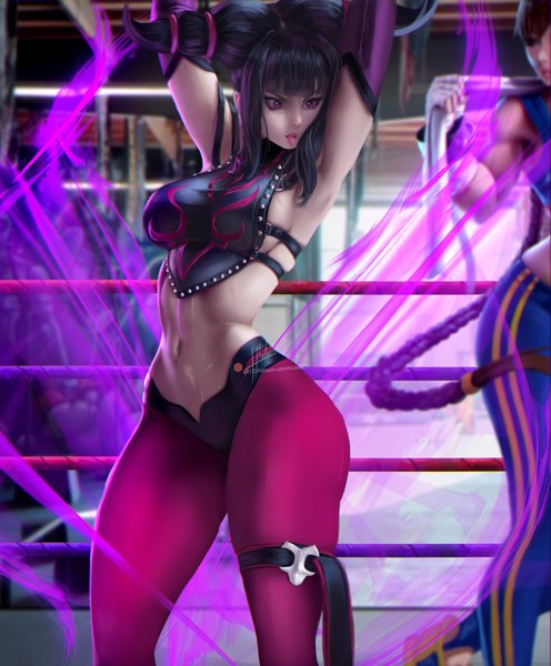 Anime picture 2252x2724 with street fighter capcom chun-li han juri hlulani tall image fringe highres short hair breasts open mouth light erotic black hair standing twintails multiple girls signed payot looking away purple hair