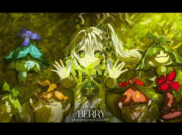Anime picture 2400x1786 with genshin impact nahida (genshin impact) aranara (genshin impact) berry (berrypd) single long hair looking at viewer highres smile green eyes signed silver hair lying arms up on back side ponytail symbol-shaped pupils letterboxed girl creature