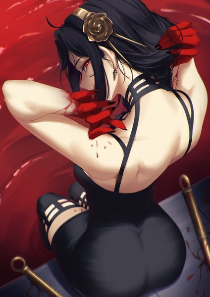 Anime picture 4000x5658 with spy x family yor briar blueorca single long hair tall image looking at viewer fringe highres light erotic black hair red eyes sitting absurdres nail polish looking back hair flower fingernails from above from behind