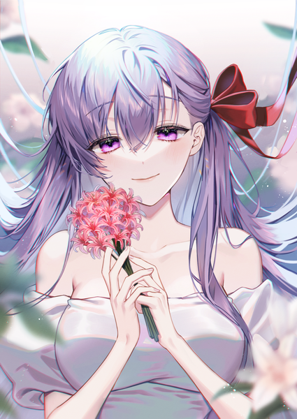 Anime picture 1700x2400 with fate (series) fate/stay night matou sakura 0nly u single long hair tall image looking at viewer blush fringe breasts smile large breasts purple eyes bare shoulders holding purple hair upper body blurry off shoulder