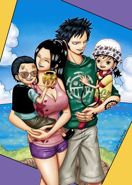 Anime picture 786x1100 with one piece toei animation nico robin trafalgar law iury padilha long hair tall image fringe short hair breasts open mouth black hair smile standing twintails multiple girls holding brown eyes signed payot