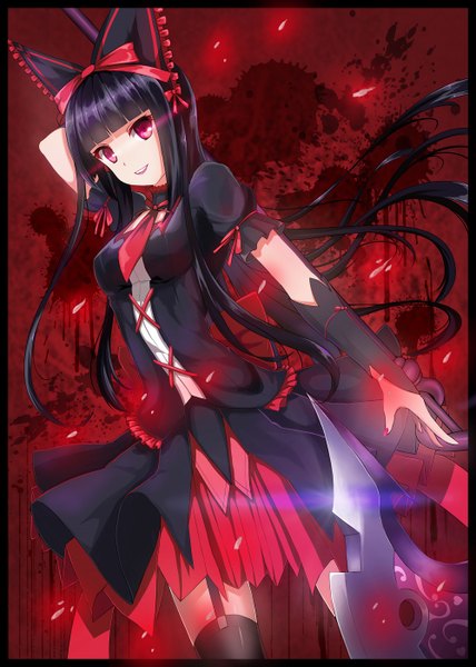 Anime picture 1000x1400 with gate - jieitai ka no chi nite kaku tatakaeri a-1 pictures rory mercury kyuu (chiu850513) single long hair tall image looking at viewer black hair red eyes red background lolita fashion goth-loli girl thighhighs dress bow weapon black thighhighs hair bow