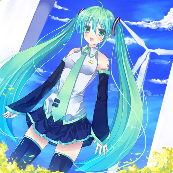 Anime picture 1280x1280 with vocaloid hatsune miku ebicha (artist) single open mouth twintails green eyes ahoge very long hair aqua hair girl thighhighs skirt detached sleeves miniskirt necktie wind turbine