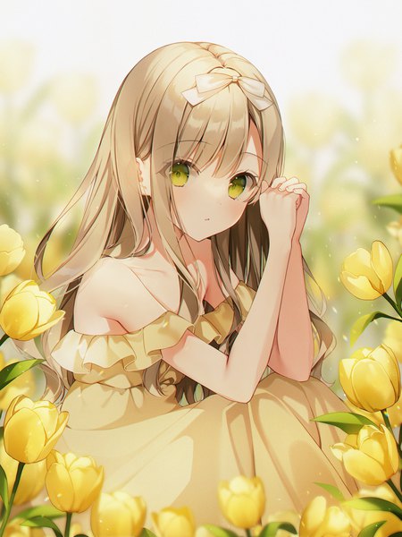 Anime picture 3000x4000 with original weri single long hair tall image looking at viewer blush fringe highres breasts blonde hair sitting bare shoulders green eyes payot bent knee (knees) outdoors blunt bangs blurry off shoulder