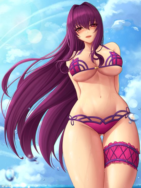Anime picture 3600x4800 with fate (series) fate/grand order scathach (fate) (all) scathach (swimsuit assassin) (fate) zaphn single long hair tall image looking at viewer blush fringe highres breasts open mouth light erotic smile hair between eyes red eyes large breasts standing
