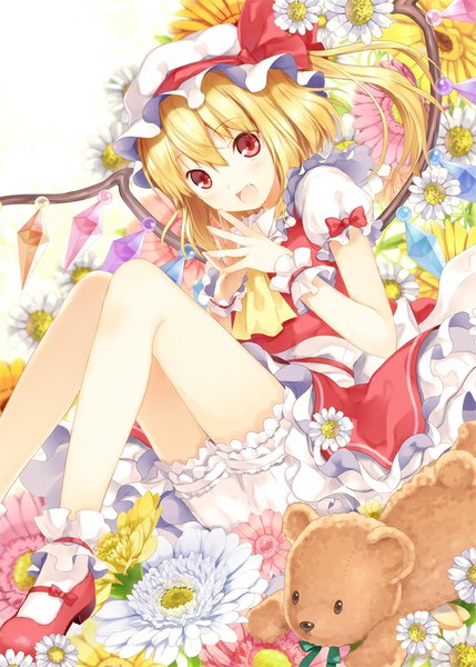 Anime picture 608x850 with touhou flandre scarlet 6u (eternal land) single tall image looking at viewer short hair blonde hair smile red eyes sitting short sleeves puffy sleeves one side up fingers together girl skirt flower (flowers) bow ribbon (ribbons)
