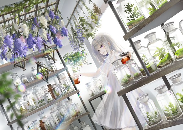 Anime-Bild 1500x1071 mit original naruse chisato single long hair fringe open mouth standing purple eyes holding looking away silver hair indoors blunt bangs blurry short sleeves dutch angle depth of field transparent girl dress