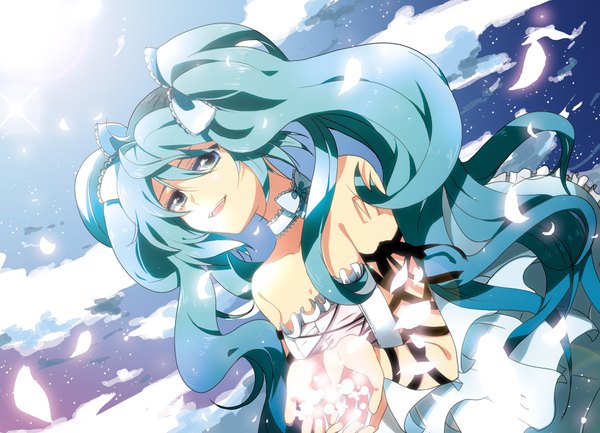 Anime picture 2000x1444 with vocaloid hatsune miku marirero a single long hair highres blue eyes twintails bare shoulders sky cloud (clouds) green hair girl dress ribbon (ribbons) petals collar