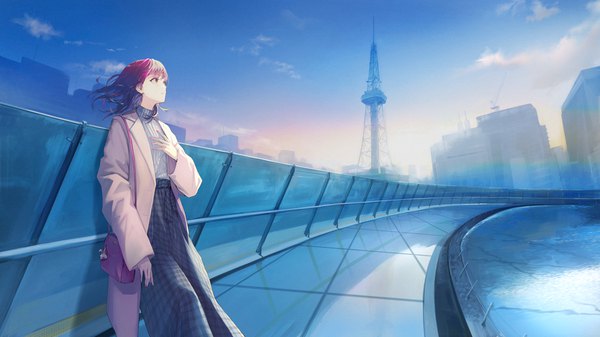 Anime picture 1200x674 with original baicha oqqa single short hair red eyes wide image looking away sky purple hair cloud (clouds) nail polish wind hand on chest plaid skirt girl skirt building (buildings) bag coat turtleneck