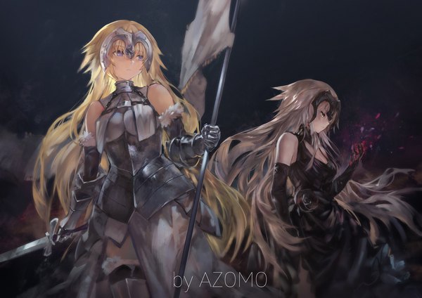 Anime-Bild 2263x1600 mit fate (series) fate/grand order fate/apocrypha jeanne d'arc (fate) (all) jeanne d'arc alter (fate) jeanne d'arc (fate) azomo long hair highres breasts blonde hair purple eyes multiple girls holding signed yellow eyes looking away profile wind fur trim