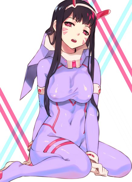 Anime picture 800x1100 with darling in the franxx overwatch studio trigger blizzard entertainment zero two (darling in the franxx) d.va (overwatch) sieyarelow single long hair tall image fringe breasts open mouth light erotic black hair red eyes large breasts sitting payot full body