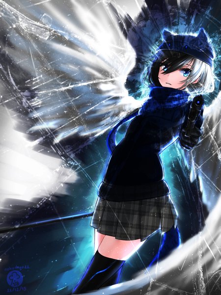 Anime picture 1400x1867 with original nekodayo22 single tall image looking at viewer fringe short hair blue eyes black hair hair between eyes holding silver hair pleated skirt multicolored hair hair over one eye inscription two-tone hair zettai ryouiki outstretched arm angel wings