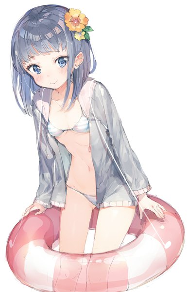 Anime picture 1315x2048 with original umibouzu (niito) single tall image looking at viewer blush fringe breasts blue eyes light erotic simple background smile white background hair flower grey hair open jacket leaning leaning forward underboob girl