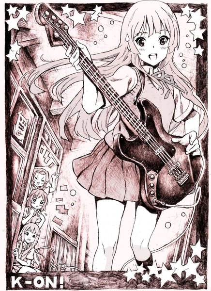 Anime picture 1200x1650 with k-on! kyoto animation akiyama mio hirasawa yui kotobuki tsumugi tainaka ritsu nobita (makoto7060355) tall image open mouth monochrome drawing girl skirt uniform school uniform star (symbol) musical instrument wire (wires) guitar bass guitar