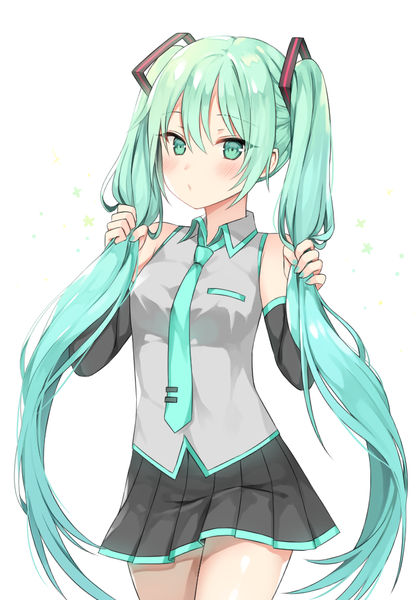 Anime-Bild 700x1000 mit vocaloid hatsune miku canape (canape0130) single long hair tall image looking at viewer blush fringe breasts simple background hair between eyes standing white background twintails bare shoulders nail polish pleated skirt aqua eyes aqua hair