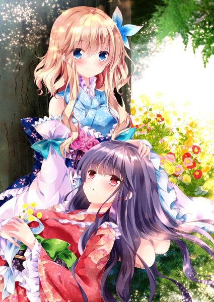 Anime picture 600x847 with original nogi takayoshi long hair tall image blush fringe blue eyes blonde hair smile red eyes sitting multiple girls purple hair bent knee (knees) lying long sleeves traditional clothes japanese clothes sunlight wide sleeves