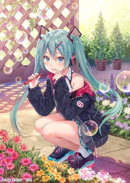 Anime picture 893x1253 with vocaloid hatsune miku fukahire (ruinon) single long hair tall image looking at viewer blush fringe open mouth hair between eyes twintails holding signed full body outdoors nail polish aqua eyes aqua hair off shoulder