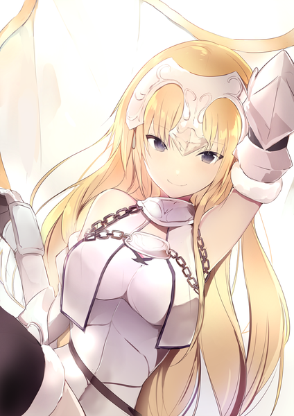 Anime picture 700x990 with fate (series) fate/apocrypha jeanne d'arc (fate) (all) jeanne d'arc (fate) lpip single long hair tall image looking at viewer fringe breasts blonde hair smile large breasts sitting bare shoulders upper body black eyes arm behind head girl