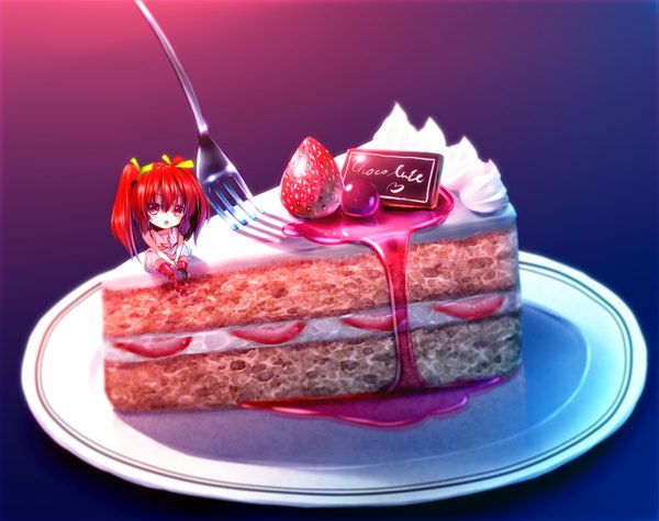 Anime picture 1263x1000 with ryosios single long hair open mouth red eyes sitting twintails red hair :o chibi girl thighhighs dress bow hair bow food sweets berry (berries) cake strawberry