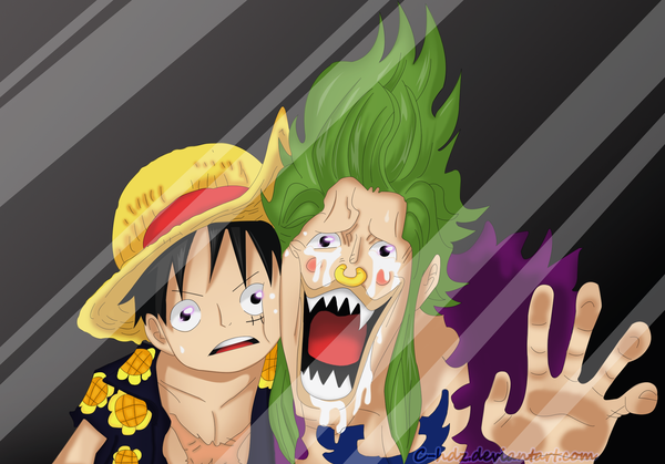 Anime-Bild 2000x1398 mit one piece toei animation monkey d. luffy bartolomeo mavis hdz looking at viewer blush fringe highres short hair open mouth black hair simple background signed upper body green hair black eyes multiple boys teeth tattoo