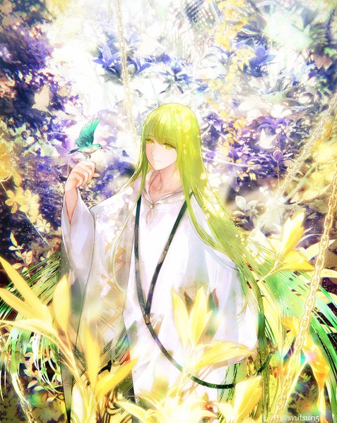 Anime picture 1000x1258 with fate (series) fate/strange fake enkidu (fate) shutsuri single tall image fringe green eyes signed looking away very long hair green hair from above twitter username androgynous boy plant (plants) animal bird (birds) chain