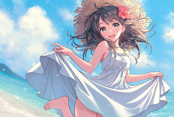 Anime picture 2838x1920 with original morikura en single long hair looking at viewer blush fringe highres open mouth black hair smile standing bare shoulders yellow eyes sky cloud (clouds) outdoors :d barefoot hair flower