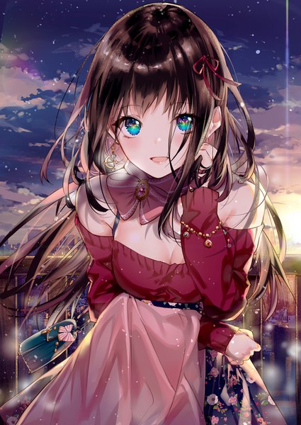 Anime picture 747x1054 with original kinokohime single long hair tall image looking at viewer blush fringe breasts open mouth blue eyes smile brown hair standing cleavage cloud (clouds) outdoors :d night leaning