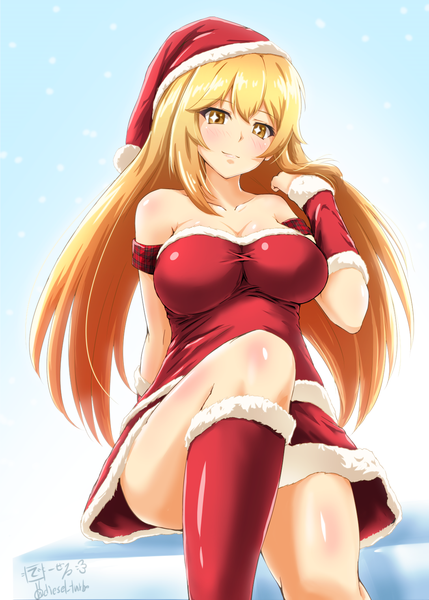 Anime picture 1088x1523 with to aru kagaku no railgun j.c. staff shokuhou misaki diesel-turbo single long hair tall image looking at viewer blush fringe breasts light erotic simple background blonde hair smile large breasts sitting signed yellow eyes off shoulder