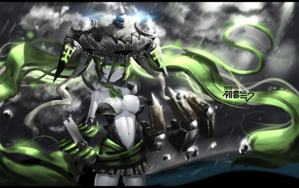 Anime picture 2214x1398 with kantai collection vocaloid hatsune miku hk (hak) single looking at viewer highres breasts light erotic twintails green eyes very long hair green hair wo-class aircraft carrier (cosplay) girl gloves hat