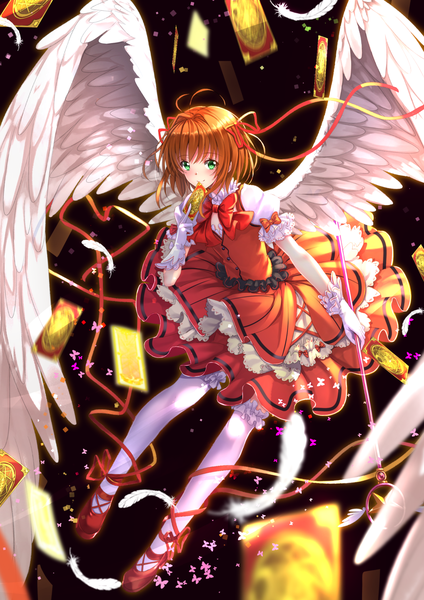 Anime picture 1102x1560 with card captor sakura clamp kinomoto sakura swordsouls single tall image looking at viewer blush fringe short hair hair between eyes brown hair holding green eyes payot full body ahoge short sleeves leaning leaning forward