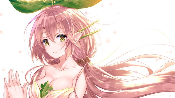 Anime picture 1920x1080 with granblue fantasy yggdrasil (granblue fantasy) junp single long hair looking at viewer blush fringe highres breasts light erotic simple background hair between eyes wide image large breasts white background twintails yellow eyes pink hair light smile