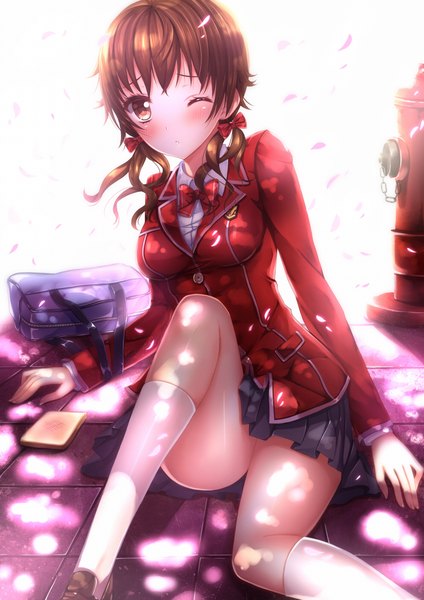 Anime picture 992x1403 with guilty crown production i.g menjou hare swordsouls single long hair tall image blush brown hair twintails brown eyes one eye closed wink short twintails girl skirt uniform school uniform petals socks