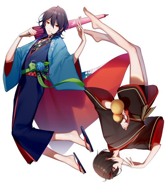 Anime picture 3400x3800 with ensemble stars! sakuma rei (ensemble stars!) sakuma ritsu asd13 tall image looking at viewer fringe highres short hair black hair simple background hair between eyes absurdres full body traditional clothes japanese clothes profile barefoot horn (horns) multiple boys